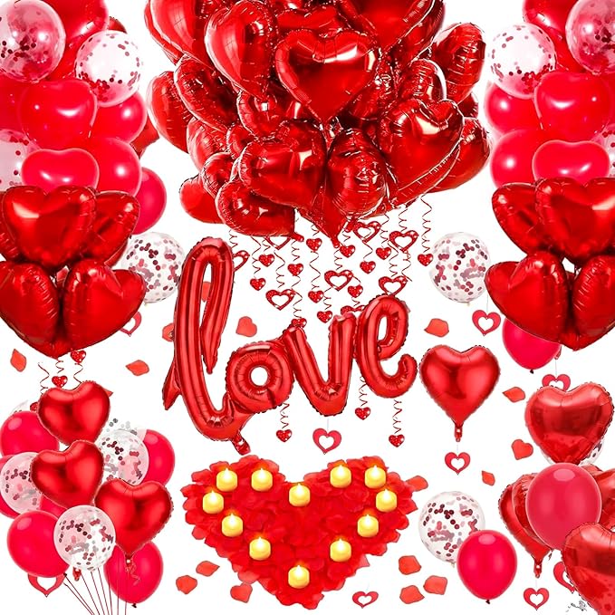 Red Valentines Day Decorations with Red Heart Balloons and Love Balloon, 12 Romantic Candles with 1000 Fake Rose Petals for Special Night, Wedding Anniversary Engagement Romantic Decorations