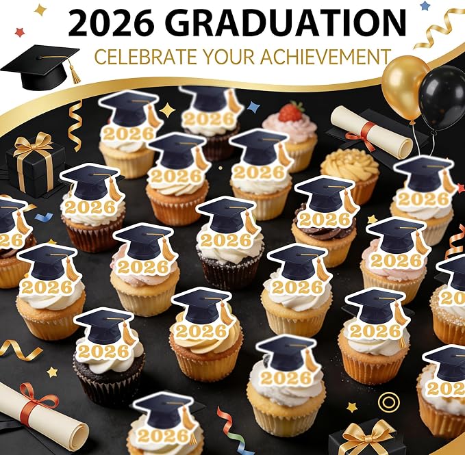 42pcs Edible Graduation Cap Cupcake Toppers Wafer Paper Gold Class of 2026 Cake Decorations Edible Grad Cap Cupcake Picks for 2026 Graduation Theme Party Cake Decor Supplies