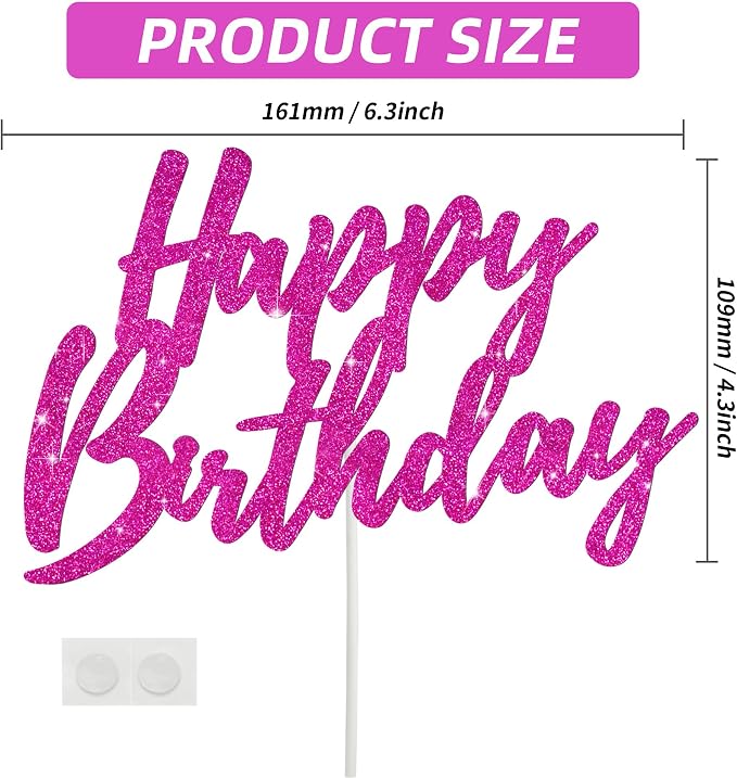 BEISHIDA Happy Birthday Cake Topper - Hot Pink Glitter, Perfect for Girl's Women's Birthday Parties, Reusable Keepsake