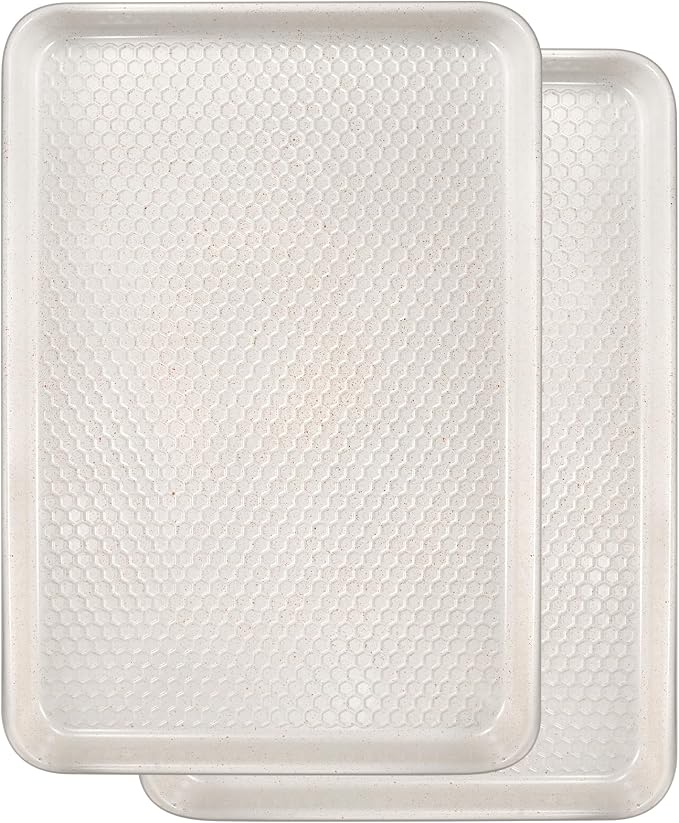 Wildone Baking Sheet Pan Set, Honeycomb Embossed Nonstick Baking Sheet 15x10 In, Thicker Carbon Steel Cookie Sheet, Even Heating Jelly Roll Pan, White, 2 Pack