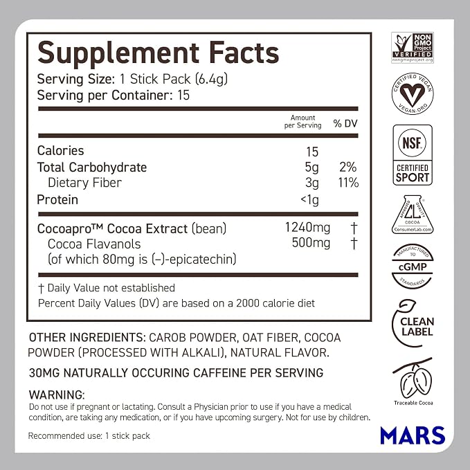 CocoaVia Cocoa Flavanols 500mg, High Flavanol Cocoa Powder, Support Heart and Brain Health, Boosts Nitric Oxide, Circulation, Preworkout, Travel-Friendly, Vegan, Dark Chocolate, 15 Single Serve Sticks