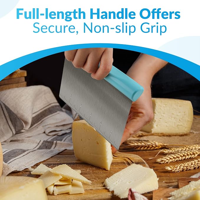 Upgraded 304 Stainless Steel Multi-Purpose Bench Scraper with Measurement Marks, Dishwasher Safe, Dough Cutter for Pizza, Bread and Cookie Dough Vegetable Chopper, Baking Supplies, Blue