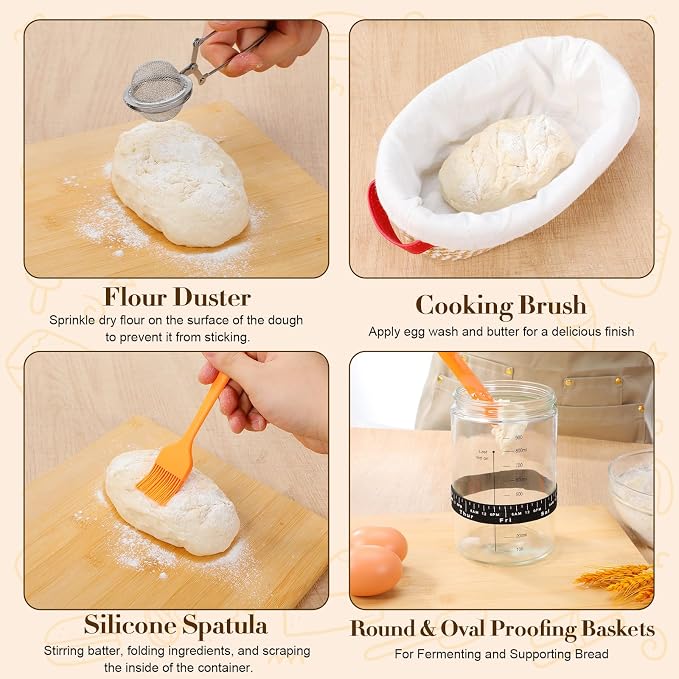 Sourdough Starter Kit – 10" Round + 9" Oval Banneton Baskets, Lame & Jar | Complete Bread Baking Supplies Set with Liner, Scraper, Whisk, Duster, Sling & Measuring Cups – for Bakers, Artisan Loaves