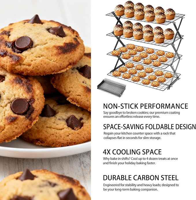 4-Tier Stackable Cooling Rack for Baking, Collapsible Wire Cookie Rack with Adjustable Heights, Non-Stick Roasting & Drying Rack for Cupcakes, Pies and Pastries, Space-Saving Kitchen Essential
