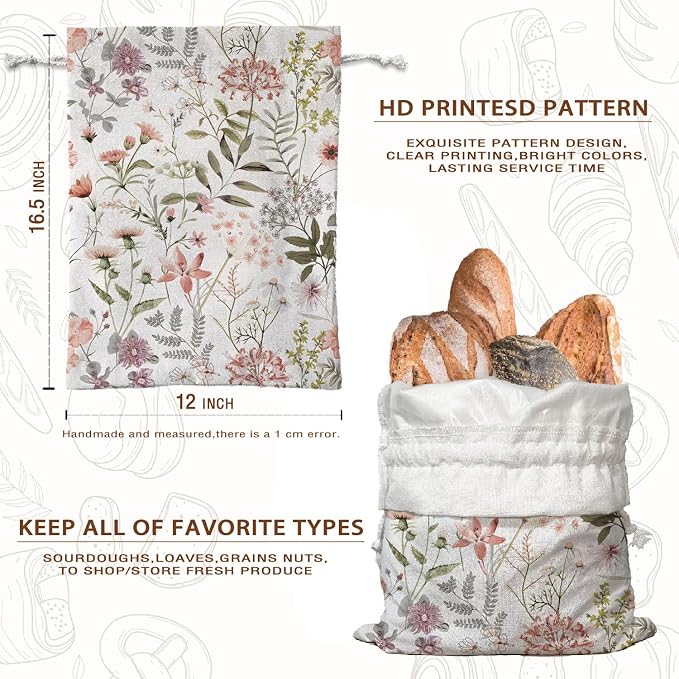 UTELKA Flroal Reusable Linen Bread Bag for Homemade Bread, Sourdough Loaf Wildflower Beeswax Bread Bag, Flroal Storage Large Bread Box for Baker Focaccia Sandwich Bags Baking 16.5x12