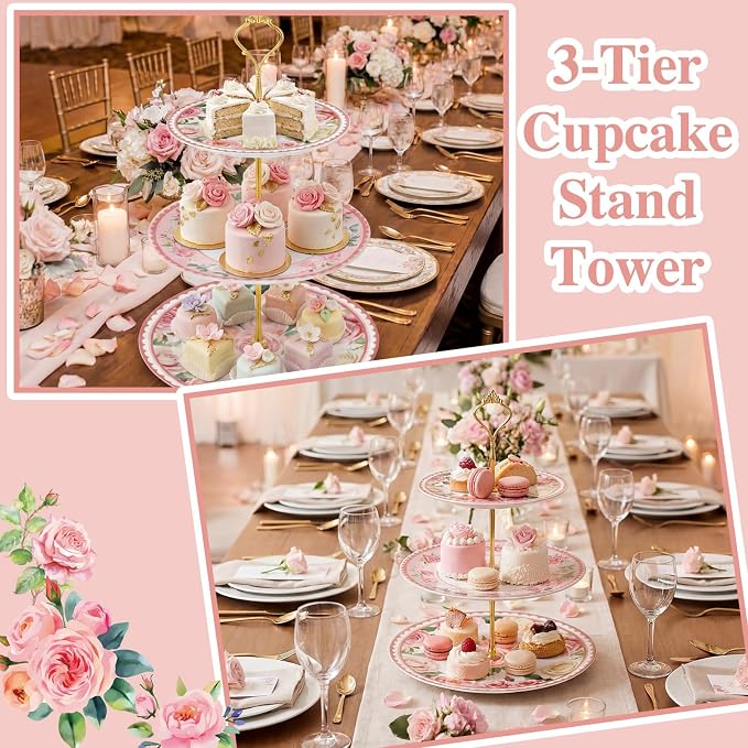 Lallisa Pink Floral Party 3 Tier Dessert Stand 10", 9" and 7" Ceramic Serving Tray Dessert Cupcake Display Holder Tower for Wedding Baby Bridal Shower Tea Party Decoration