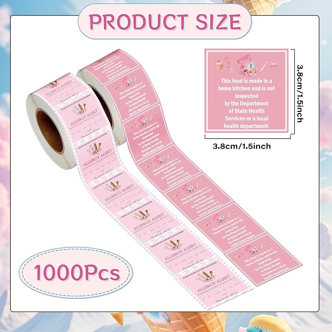 1000 Pcs Cottage Food Law Labels Stickers Allergen Warning Sticker | Baked with Love, Homemade Kitchen Inspection Statement Decals, Bakery Labels Stickes, DIY Crafts Homemade Bakery Baked Food