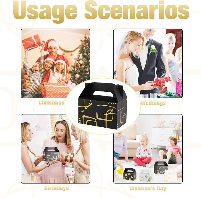 NyuOurea 10 PCS Black Gable Favor Treat Boxes, 6.5 x 4 x 4 Inches Elegant Gift Box with Handle for Guests, Goodie Boxes for Candy, Cookie, Graduation, Busniess, Birthday, Wedding, Geometry