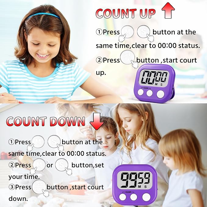 Timer for Kids Teachers Supplies Digital Kitchen Timers for Cooking Large Magnetic Classroom Timer 2Pack-Blue Purple