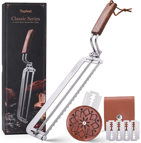 Adjustable Bread Bow Knife Sourdough Slice, 10.5 Inch Bread Cutter Set with Bread Lame, 5 Replacement Blades, Leather Pouch & Gift Box, Premium Bread Lover Gift for Bakers
