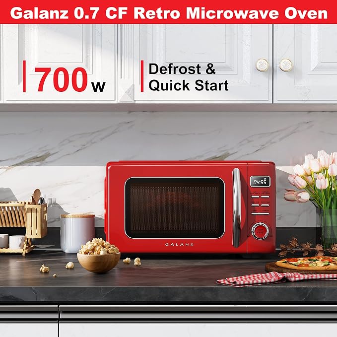 Galanz GLCMKZ07RDR07 Retro Countertop Microwave Oven with Auto Cook & Reheat, Defrost, Quick Start Functions, Easy Clean with Glass Turntable, Pull Handle.7 cu ft, Red