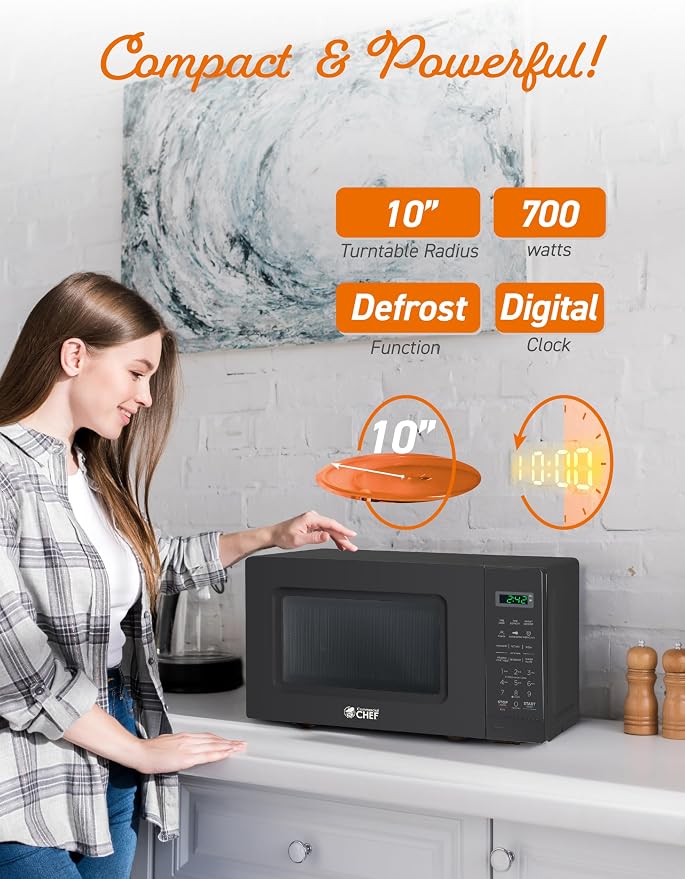Commercial Chef 0.7 Cu. Ft. Countertop Microwave Oven, Touch Controls with Digital LED Display, 700W Small Microwave with 10” Turntable Plate, Push Button Door, 10 Power Levels, CHM7MB, Black