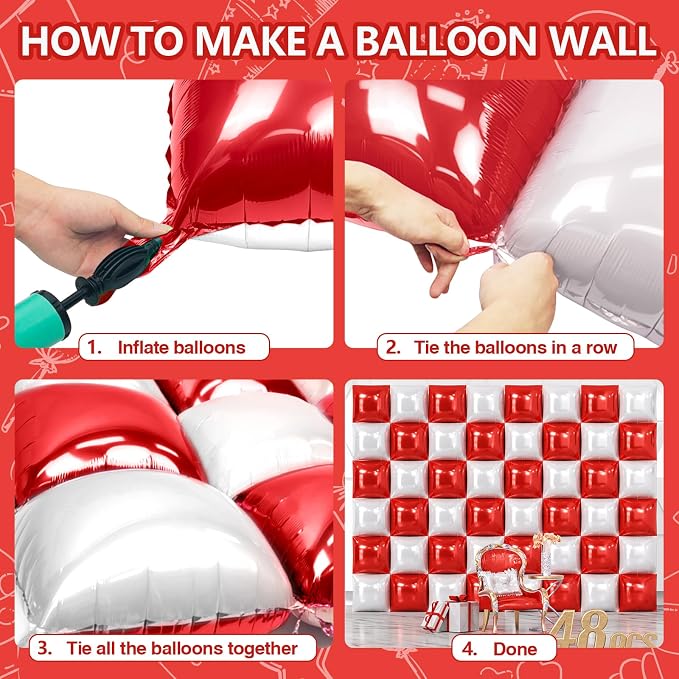 NISOCY 48PCS Red White Square Foil Balloons Wall Backdrop Double Sided Red Pearl White Balloons Arch Kit for Birthday Wedding Bridal Shower Valentine Anniversary Party Decorations