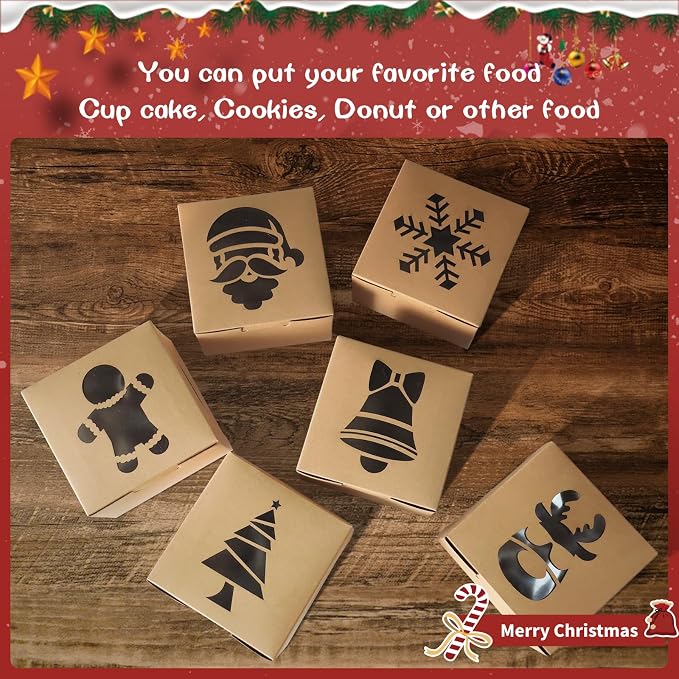 Gute 24 Pcs Christmas Kraft Cookie Boxes, Brown Christmas Treat Boxes with Window 4" x 4" x 2.5" Bakery Gift Warpping Box for Xmas Holiday Party Favor Pastries, Cupcakes, Cookies Donuts Gift-Giving