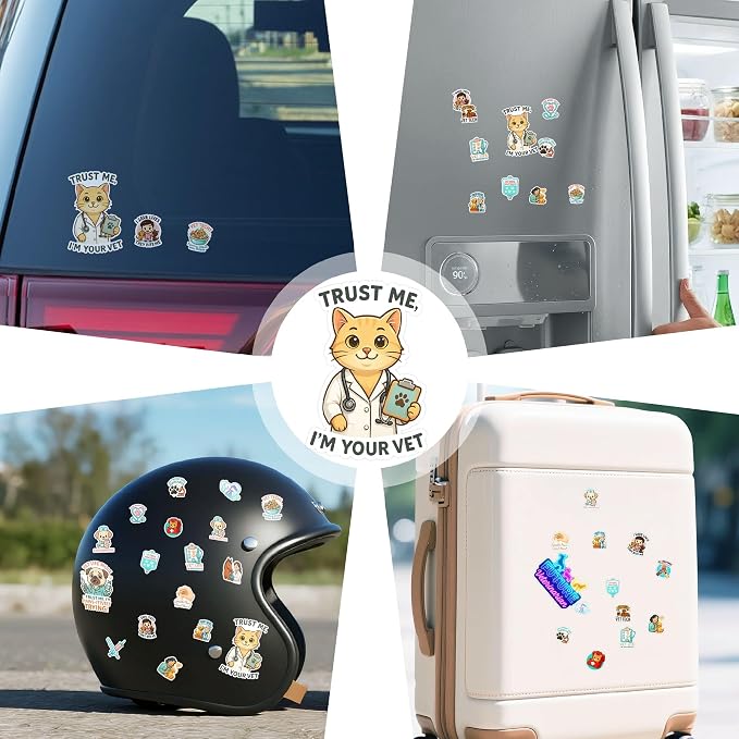 100 PCS Veterinary Stickers, Cute Vet Tech Waterproof Vinyl Sticker for Teens Adults, Animal Doctor Decals for Laptop Water Bottle Scrapbook Wall Decor Gift for Birthday 9 Sheets Students