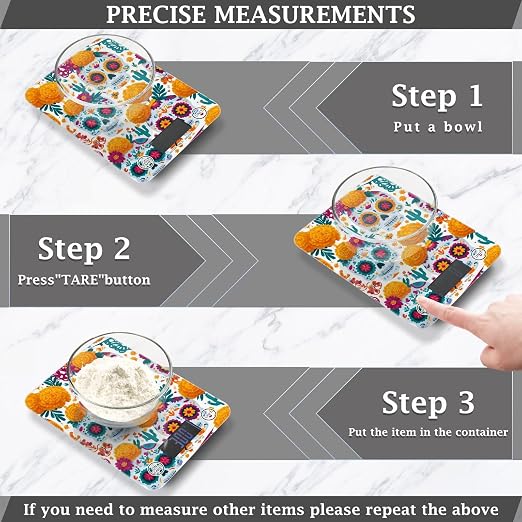 Food Scale Kitchen Digital Scale Food Ounces and Grams Dieting Baking Cooking Waterproof Glass Panels LCD Display,4 Units Scale Tare Function Skull Mexican Halloween White