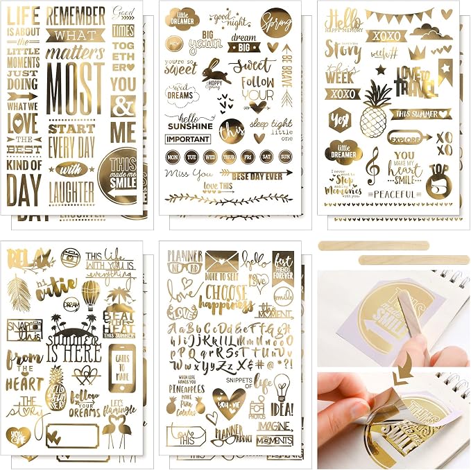 Chinco 10 Sheets Scrapbook Stickers 400+ Pcs Gold Love Stickers Foil Transfer Scrapbooking Supplies for Anniversary