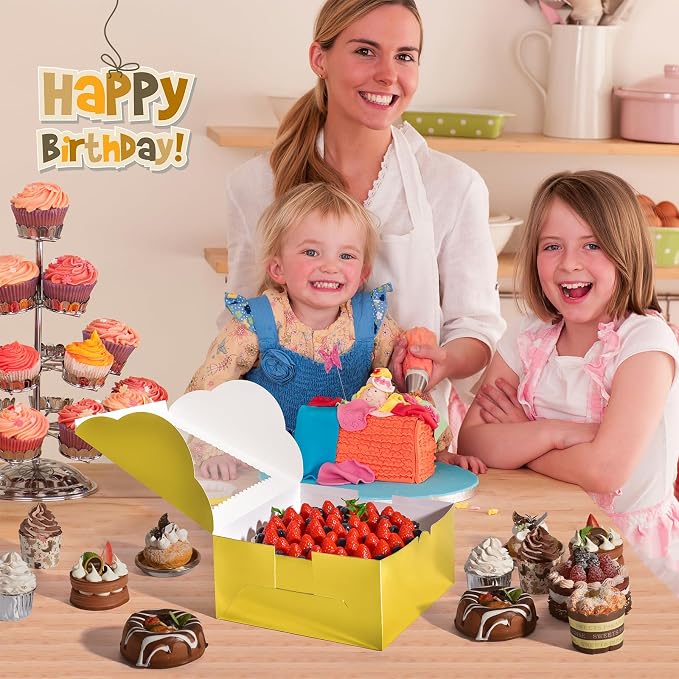 32Pcs 10 Inch Cake Boxes with Cake Boards (16Pcs Gold Cake Boxes, 16Pcs Cake Boards), 10x10x5 Inch Bakery Boxes with Window, Cake Carrier Container for Birthday Party, Wedding