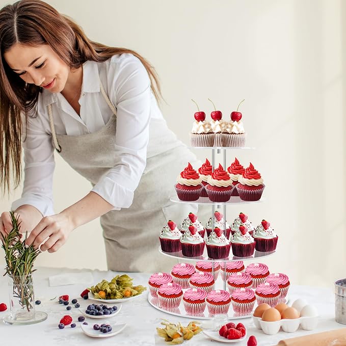 YestBuy 4 Tier Round Acrylic Cupcake Stand with Base, Premium Cupcake Holder, Acrylic Cupcake Tower Display Cady Bar Party Décor – Display for Pastry (4" Between 2 Layers)
