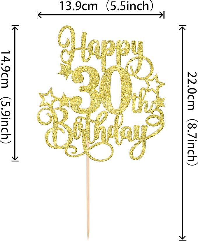 1 PCS Happy 30th Birthday Cake Topper Glitter Cheers to 30 Years Birthday Cake Pick Hello 30 Fabulous Cake Decoration for Happy 30th Birthday Anniversary Party Decorations Supplies Gold