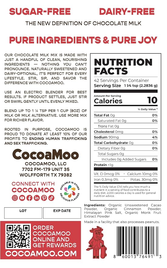CinnaMoo Sugar-Free, Dairy-Free Cinnamon Roll Chocolate Milk Mix, Organic Cacao Powder with Monk Fruit Extract, No Added Sugar, No Gums or Fillers, Easy to Blend Powder (CinnaMoo - Chocolate Cinnamon Roll)