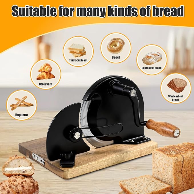 Manual Bread Slicer,Multi-Functional Foldable Hand-Cranked Bread Slicer with Steel Guard Plate and Non-Slip Base Pad Features Adjustable Thickness with Scale Lines for Even slicing Homemade(Black)
