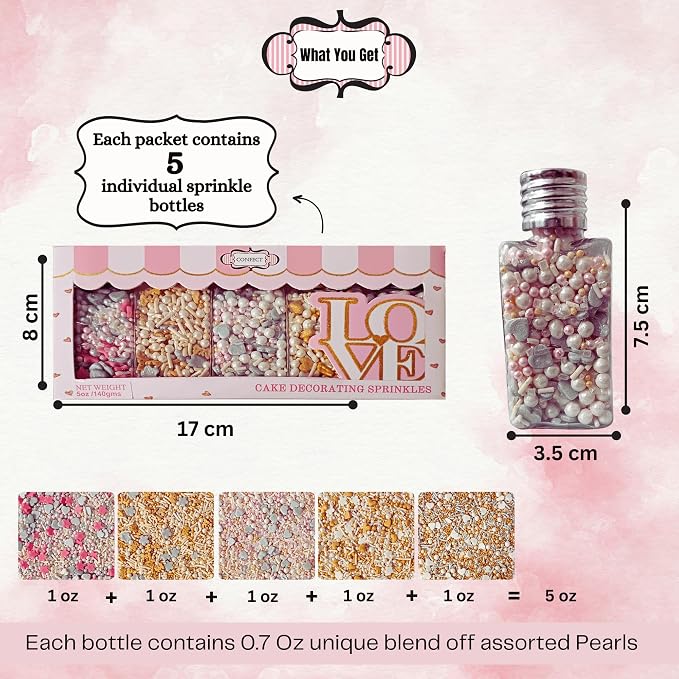 Confect Gold, silver and white Pearl Sprinkles | Sprinkles for Baking, Cookie & Cake Decorative | Valentines Edible sprinkle Mix Pack of 5 -Vegan, Gluten-Free, Nut-Free, Soy-Free, Dairy-Free, Palm Oil-Free -5 Oz