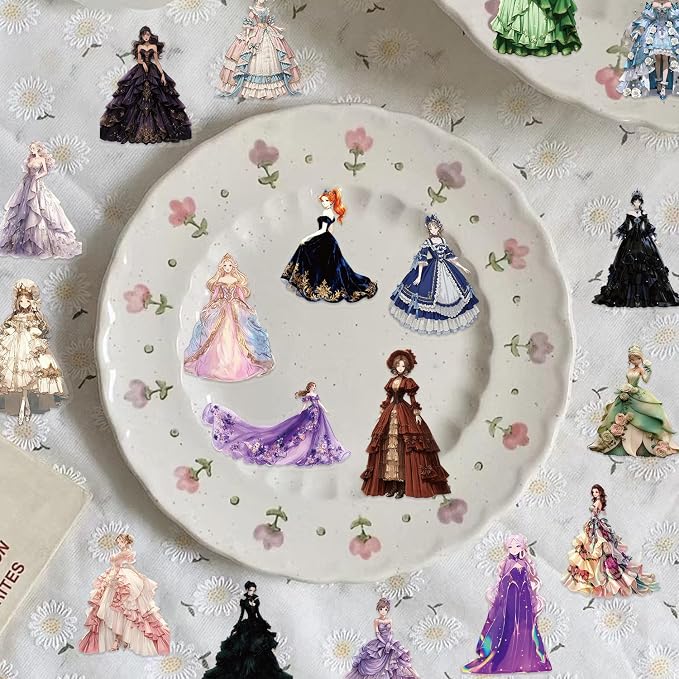 50 Pcs PET Transparent Princess Gown Stickers, Waterproof Vinyl Elegant Dress Decals for Laptop Skateboard Luggage, Colorful Ball Gown Stickers Gift for Kids Teens Adults(Princess)
