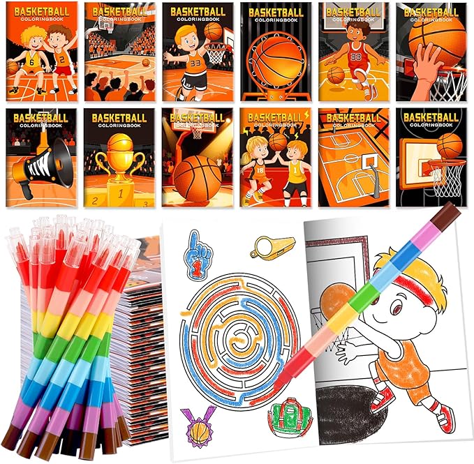 BenLouis 12 Basketball Mini Coloring Books Kids with 12 Stacking Crayons Basketball Party Favors Small Activity Books Bulk for Kids Sports Party Gift Goodie Bag Stuffers