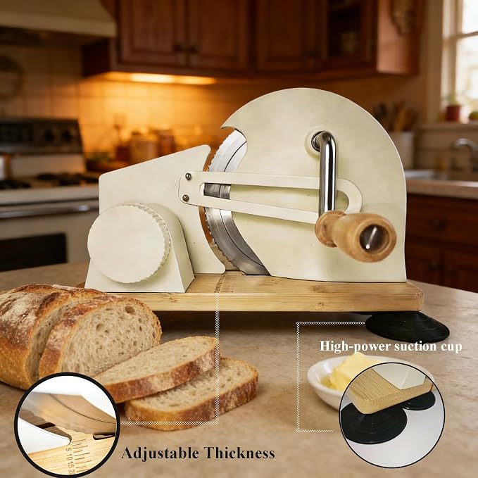 Bread Slicer Machine, Adjustable Thickness Stainless Steel Blade Bread Cutter with 6 Large Suction Cups, Foldable Compact Design Non-Slip Base for Homemade Bread Slicing (Off-white, Wood Base)