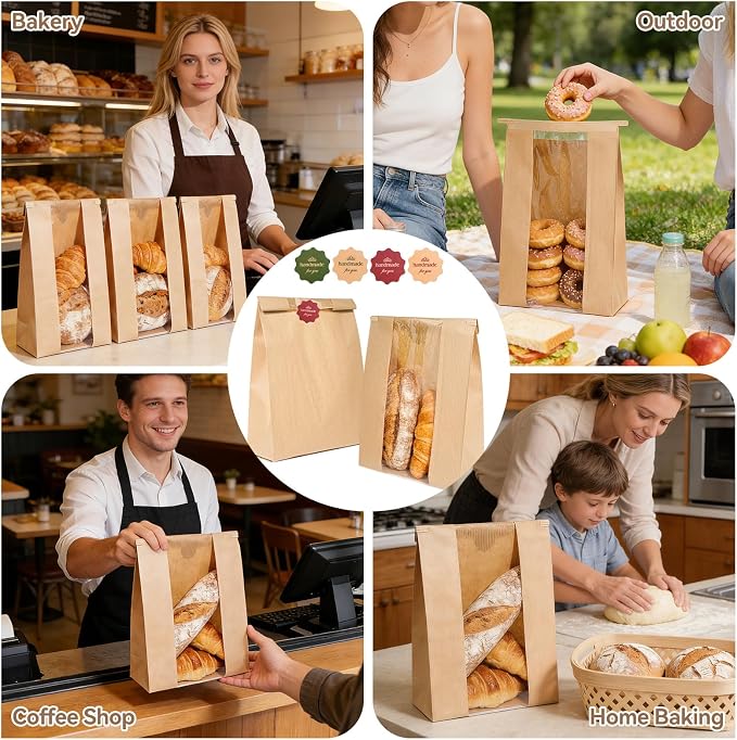 Funcoo 50 Paper Bread Bags for Homemade Bread, Sourdough Bread Bags Bakery Bags with Window/Tin Tie Tab Lock, Large Bread Loaf Bags for Baked Goods Packaging, Label Seal sticker included (50)