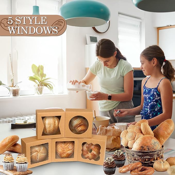 KPOSIYA 65PCS Bakery Boxes with Window 6x6x3 Inches 5 Style Cookie Boxes Small Pastry Boxes for Candy, Dessert, Pastry, Donuts, Birthday Party, Wedding(Brown)