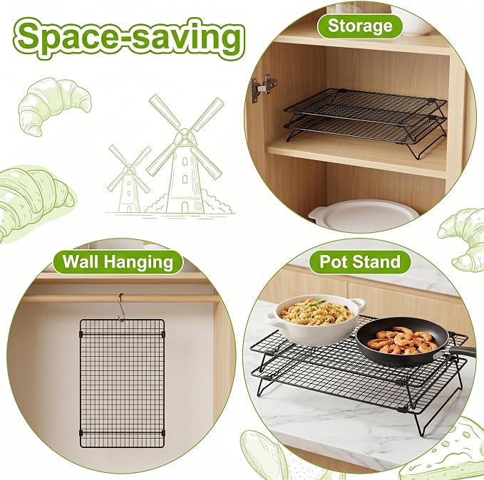 2 Pack Cooling Racks for Cooking and Baking, 13.4"x9.4" Nonstick Carbon Steel Wire Baking Rack, Foldable Cooling Racks for Cooking and Baking, 2-Tier Roasting and Drying Rack With 100 PCS Baking Paper | Foldable Legs,Stackable,Anti-slip,Smooth,Square g...