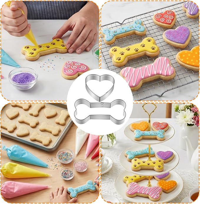 6 Pcs Dog Bone and Heart-Shaped Cookie Cutter 3 Sizes Stainless Steel Biscuit Mold Metal Dogs Treats Cookies Cutter Silver Puppy Cookie Cutters for Theme Party Treats and Homemade Baking