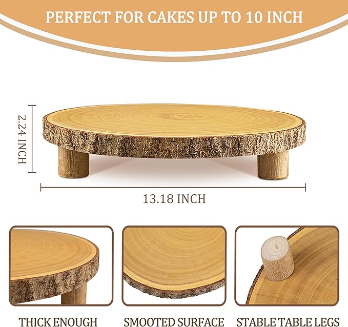 Rustic Wood Cake Stand,11-13 Inch Natural Wood Slice with Legs,Round Cake Display Stand for Weddings,Party & Birthday,Decoration