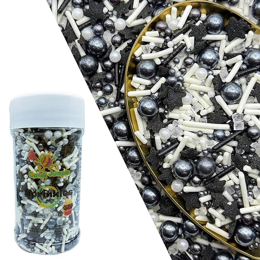 CandiJumpin Black and White Pearl Sprinkles, Edible Pearls and Jimmies Mix Black White Sprinkles Crunchy Jimmies Star Confetti Edible Pearls for Cake Decorating Pearl Decoration for Baking Baby Shower Party Birthday Wedding Christmas Supplies 3 OZ