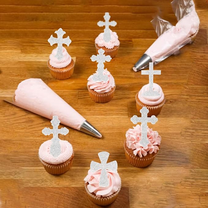 60 PCS Edible Cross Cupcake Toppers Wafer Paper God Bless and Baptism Cupcake Picks Edible Christian Baptism Cross Cake Decorations for Religious Theme Baby Shower Birthday Party Supplies Silver