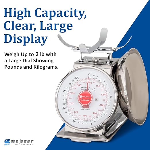 San Jamar Escali Promzr Mechanical Dial Scale with Bowl for Kitchens and Restaurants, Metal, 2 Pounds, Silver