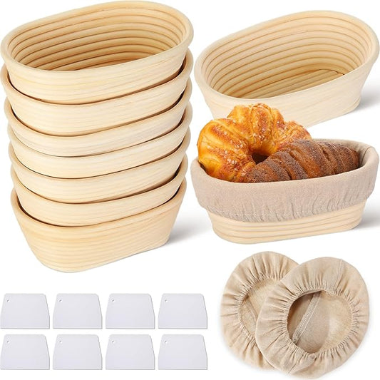 Gejoy Oval Banneton Bread Proofing Basket Set of 8, Sourdough Bread Baking Bowl Kit with Cloth Liners and Dough Scrapers Natural Rattan Banneton Sourdough Bowl Basket for Bakers(8 Inch)