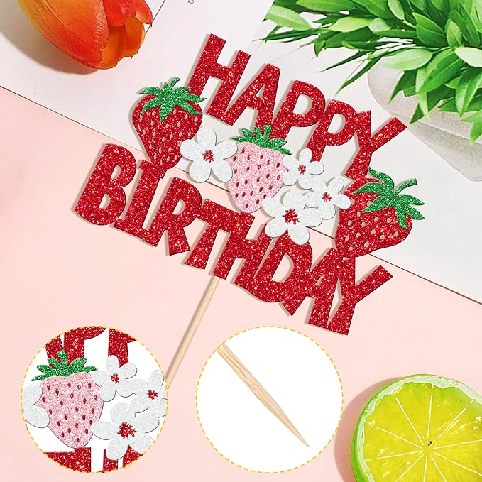 1 PCS Strawberry Happy Birthday Cake Topper Red Glitter Flower Fruit Strawberry Cake Pick Berry Birthday Cake Decoration for Strawberry Theme Baby Shower Birthday Party Cake Decorations Supplies