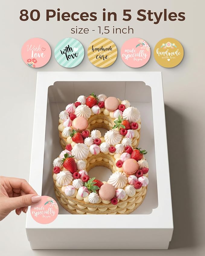 10pcs 14x10x4 inch Quarter Sheet Cake Boxes, White Large Rectangle Bakery Boxes with Window for Pastry, Donuts, Cupcakes, Pie, Cookies, Treat Packaging, Cajas para Pasteles with 80 Stickers