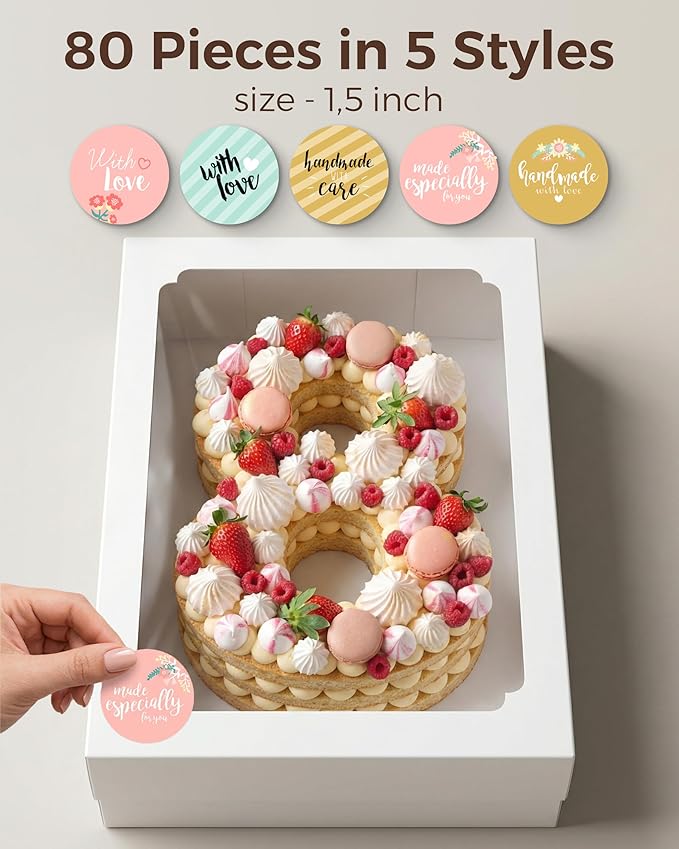 4pcs 14x10x4 inch Quarter Sheet Cake Boxes, White Large Rectangle Bakery Boxes with Window for Pastry, Donuts, Cupcakes, Pie, Cookies, Treat Packaging, Cajas para Pasteles with 80 Stickers