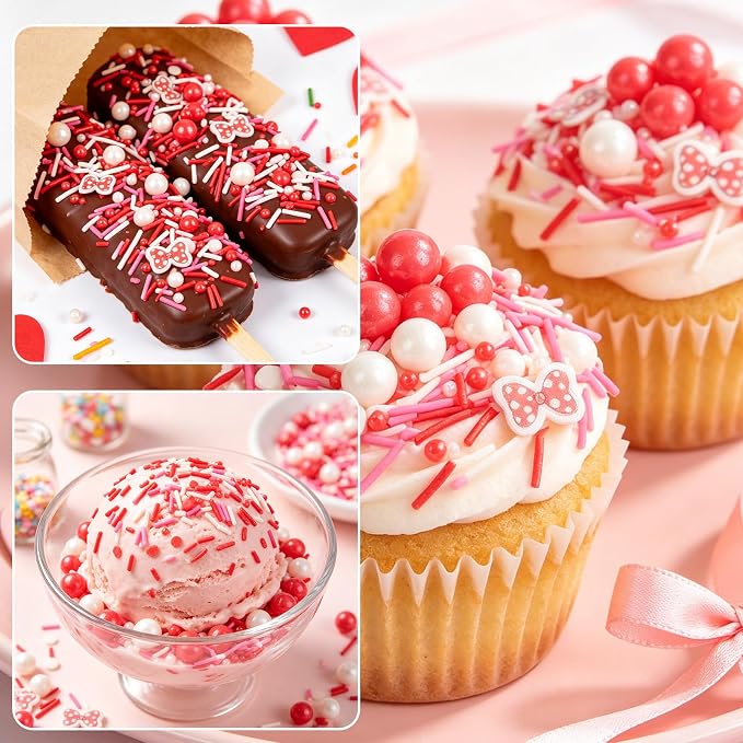 Twisweet Red Bow Sprinkles for Cake Decorating, Polka Dot Style Jimmies Sugar Pearls & Bow Confetti, Edible Baking Candy for Cupcake Cookie Ice Cream Cake Toppers, Girls Birthday Cartoon Party Decorations (130g/4.58oz)