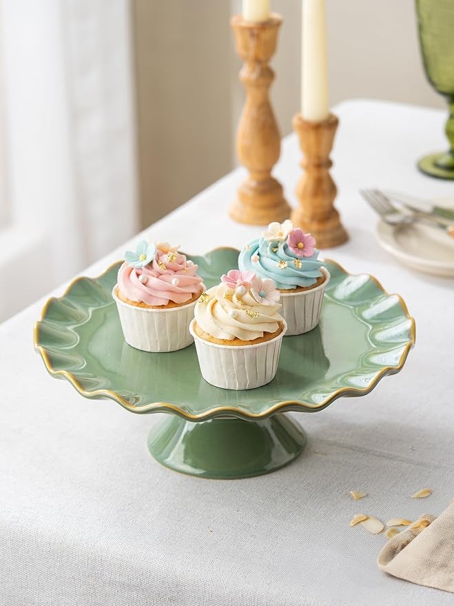 Cake Stand Ceramic, Small Cake Stand for 8 Inch Cake, Vintage Dessert Stand with Ruffle Trim for Mother's Day, Decorative Pedestal Cake Plate Cupcake Stand for Tea Party, Teal