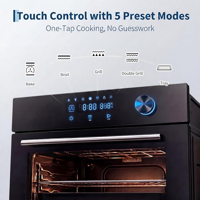 Garvee 24 Inch Built-in Single Wall Oven, 2.5 Cu.ft. Electric Oven with 5 Cooking Functions, 3000W Power, Touch and Knob Control, Low-e Glass Door & Cooling Fan, Easy Clean Enamel, Black