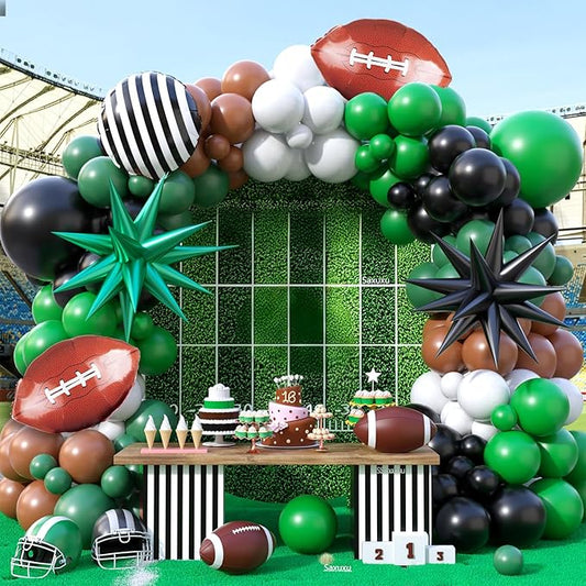 Football Balloon Arch Kit, Dark Green Brown White Black Checkered Football Foil Party Balloons with Star Foil Balloons for Boy Men Sport Birthday Party Decorations Baby Shower Graduation Supplies