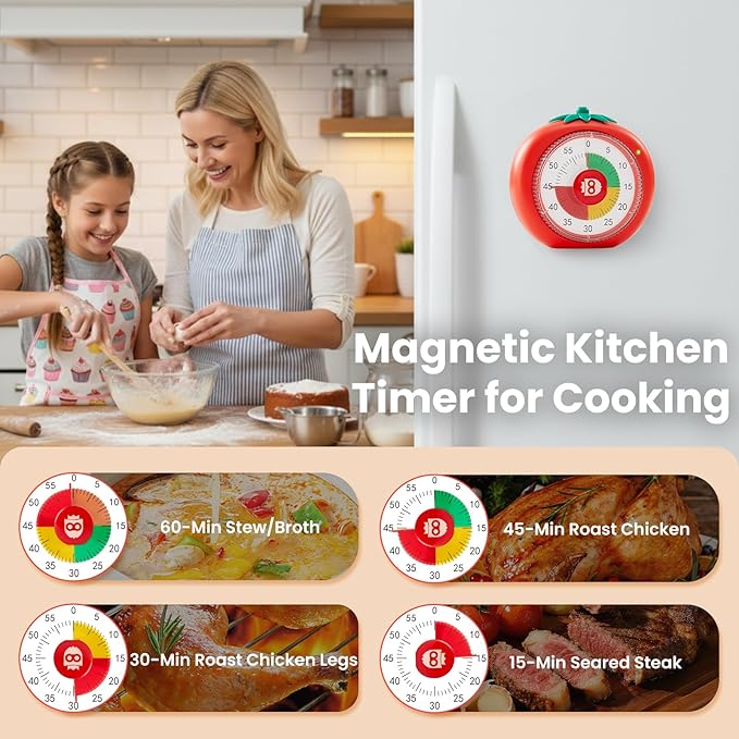 Magnetic Visual Timer, 60-Minute Countdown for Kitchen Classroom Homework | 4-Color Zone Dial with Cute Design, Kids Timer with Pomodoro Mode Time Management Tool for ADHD, Cooking & Baking