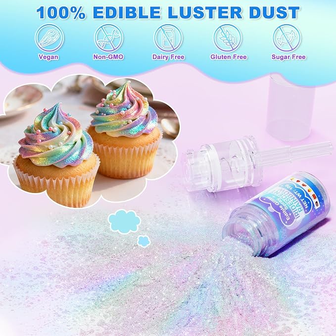 Iridescent Rainbow Edible Glitter Spray - 10g Food Grade Luster Dust Glitter Spray for Drinks, Shimmer Dust Powder for Cocktails, Easter Cakes, Candy, Cookie, Icing, Chocolate, Strawberry - Vegan