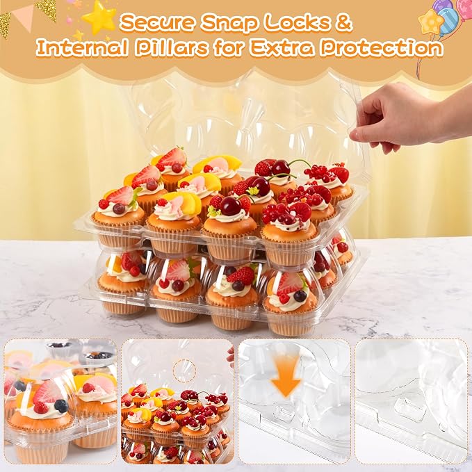 12 Pack x 12 Sets Plastic Cupcake Containers, Stackable Cupcake Boxes Holders with Tall Dome Lid, Disposable Clear Cupcake Carrier Trays for Bakery Transport