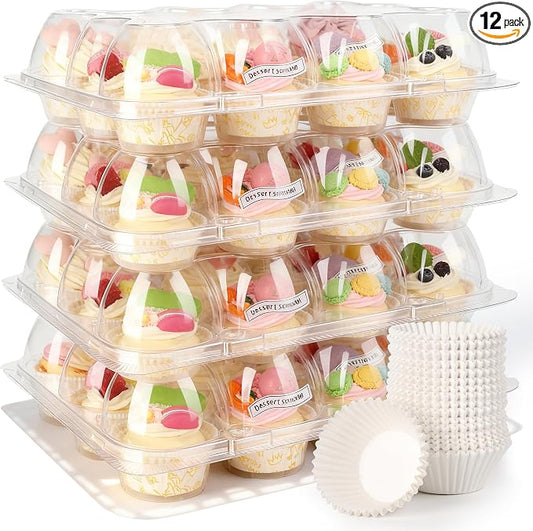 12 Pack Dozen Cupcake Containers with 144 Liners Stackable Cupcake Carrier 12 Count Plastic Cupcake Boxes Cupcake Holders